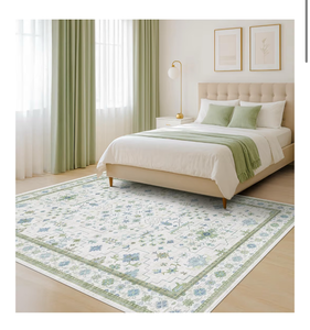 lot 1269 image: Oushak Area Rug 10x12 Floral Geometric for Bedroom for Nursery Room Foyer Blue and Green, Vintage, Boho, Area Rugs, Washable, Non Slip, Low Pile, Cozy Aesthetic Room Decor