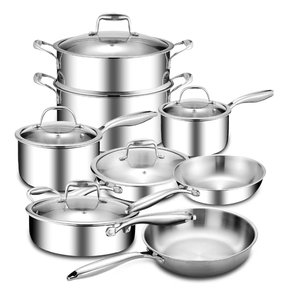 lot 1287 image: 11-Piece Pots and Pans Set, 1810 Stainless Steel Cookware Set, Induction Compatible, PFOA-Free Coating, Dishwasher Safe, Includes Frying Pan & Sauce Pan with Lids