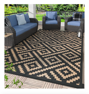 lot 1291 image: GENIMO 5x8 Outdoor Rug Waterproof, Reversible Mats, Area Rug, Plastic Outside Carpet, Geometric Rv Mat for Patio Camping Rv Picnic Backyard Deck Balcony Porch Beach Trailer (Black & Brown)