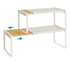lot 1309 image: SONGMICS HOME Spice Racks, Expandable Cupboard Shelf Orgnizers, Kitchen Counter Shelves, Bamboo and Metal, Space-Saving Shelving, Stackable, Light Bamboo and Cream White UKCS051N01