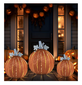lot 1322 image: 3 Pack Halloween Large Metal Pumpkin Lantern Outdoors Pumpkin with LED Candles for Halloween Party Fall Thanksgiving Farm Garden Decorations