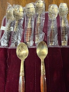 lot 107 image: Miniature Thailand Brass and Teak Spoons in Case