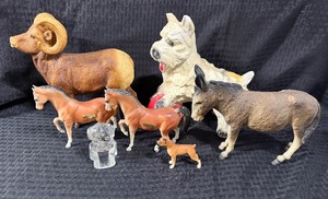 lot 113 image: Animals - Plastic Ram, Horse and Donkey, Chalkware Dog, Glass and Ceramic Dogs