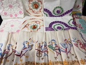 lot 120 image: Vintage Embroidered Pillowcases, Days of the Week Towels w Birds and Handkerchiefs - PLEASE SEE PICTURES