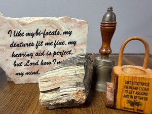 lot 122 image: Funny Rock, Brass Bell, Petrified Wood and Toothpick Holder