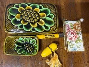 lot 131 image: Vintage Trinket Box w Tray, Tiny Sewing Kit, Toothpick Holder and Notebook w Pencil