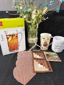 lot 912 image: Fusion Water Pitcher (NIB), Faux Flowers in Mason Jar, Coffee Mugs and Coasters