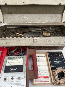 lot 414 image: Metal Tool Box w Contents, Gemline Capacitor Analyzer, Digital Temperature Tester