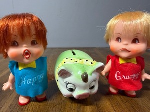 lot 136 image: Vintage HappyGrumpy Dolls and a Tilso Hand Painted Piggy Bank