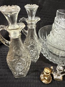 lot 141 image: OilVinegar Star Glass Cruets, Salad Set, 3-Tiered Glass Dessert Server and Souvenir SP Shakers