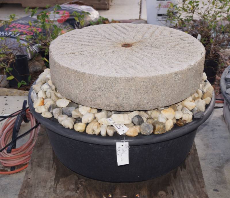 lot 5280 image: Complete Water Feature - Fountain - Drilled Granite Grinding Wheel with White River Rock - VIDEO