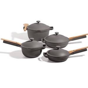 lot 37015 image: Our Place 13pc Always Pan and Perfect Pot Cookware Set with Lids, Steamer Basket, and Spoons Charcoal Nonstick Ceramic, Even-Heating - Retail $325