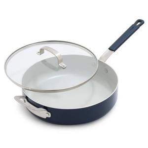 lot 37102 image: Bobby Flay 4.5qt Ceramic Nonstick Aluminum Saute Pan with Lid Oxford Blue Skillet, Dishwasher-Safe, Smooth Surface Compatible - Retail $60