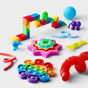lot 37118 image: Fidget Box - Gigglescape�� Multicolored Fidget Spinners, Plastic & Silicone, 21 Pieces, Ages 3 - Retail $20