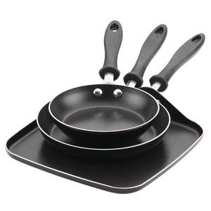 lot 37145 image: Farberware 3pc Nonstick Aluminum Reliance Skillet and Griddle Cookware Set Black Even-Heating Pan Set, Dishwasher-Safe - Retail $65