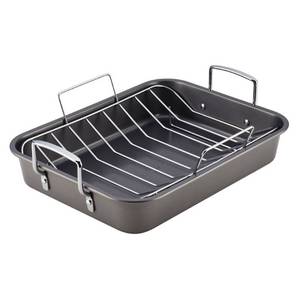 lot 38814 image: Farberware 12 x 16 Nonstick Roaster with Rack Steel, Riveted Handle, Oven-Safe, Turkey Roasting Pan, Even-Heating - Retail $128