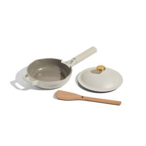 lot 38823 image: Our Place 3pc Aluminum Ceramic Nonstick Mini Always Pan Set Cream Hand Wash, Gas & Electric Compatible, 1.2L Capacity - Retail $79