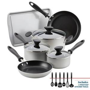 lot 38836 image: Farberware Reliance 15pc Aluminum Nonstick Cookware Set with Prestige Tools Silver Pot & Pan Cooking Set, Dishwasher-Safe - Retail $79