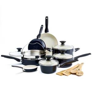 lot 38870 image: GreenPan Rio 16pc Ceramic Nonstick Cookware Set Black Pans & Pot Set, Nonstick, Glass Lids, Dishwasher & Oven Safe - Retail $197