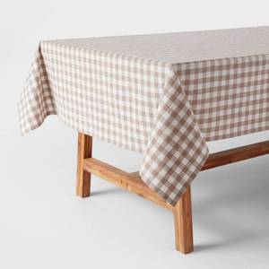 lot 38961 image: 60 x 84 Cotton Gingham Tablecloth Taupe - Threshold�� Traditional Rectangle, Machine Washable, OEKO-TEX Certified - Retail $20