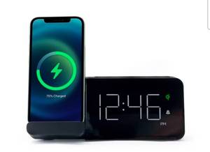 lot 39081 image: Power Stand Alarm Table Clock Black - Capello Wireless Charger, USB Port, Modern Design, for Bedroom - Retail $30