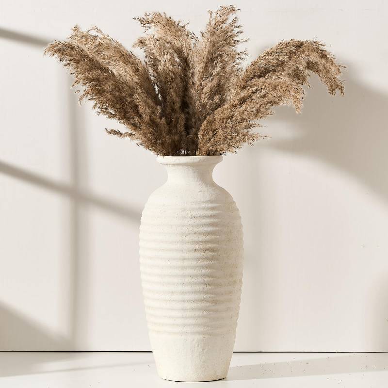 lot 1033 image: Vaseking Ceramic Natural Rustic Vase, 14.4 Inch Large Vintage Flower Threaded Decorative Farmhouse Tall Vase for Home Decor, Living Room, Shelf Decor, Wedding, Housewarming Gift, Off-White - Retail $40