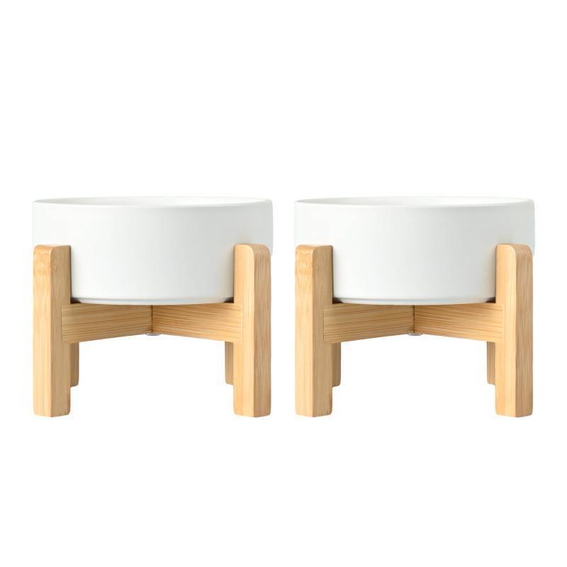 lot 1037 image: SPUNKYJUNKY Ceramic Elevated Dog Bowls 2 Pack - 8.3inch Raised Dog Bowls with Non-Slip Wooden Stand for Large Dogs Dishwasher Safe(White,60OZ2) - Retail $65