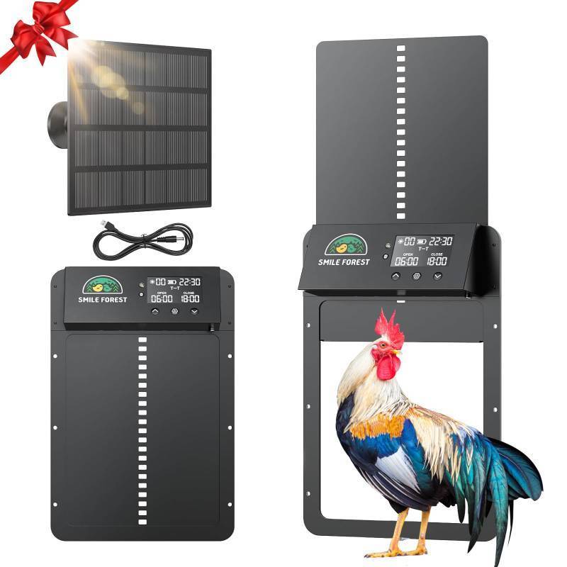 lot 1038 image: SMILE FOREST Automatic Chicken Coop Door with Light Sensor & Timer Control - Multi-Mode Chicken Door Opener with Solar Charging - Retail $51