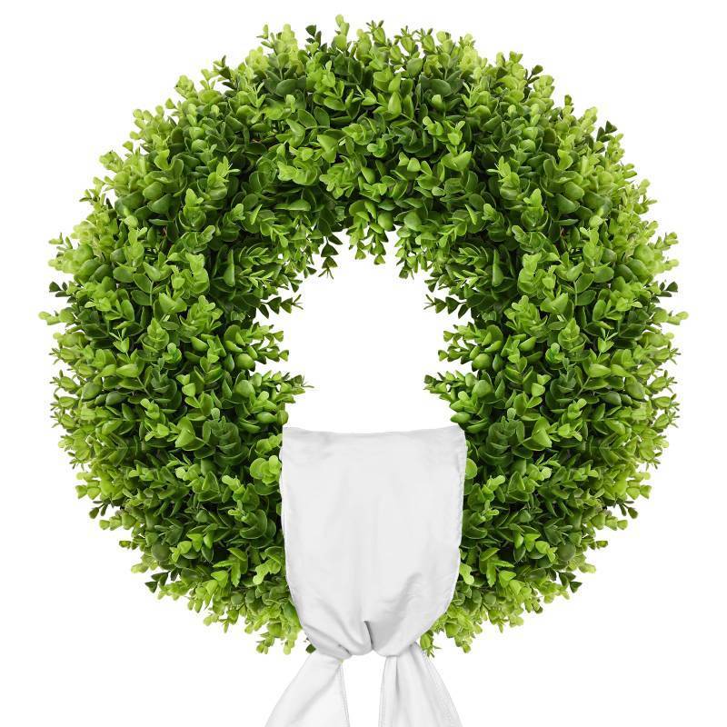 lot 1098 image: Vlorart 20-Inch Boxwood Wreath, Artificial Boxwood Wreath Front Door Wreaths Artificial Spring Summer Greenery Hanging with A Plaid Bowand Sash for Front Door Wall Hanging - Retail $34