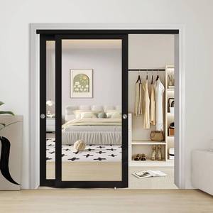 lot 1007 image: JUBEST 72 x 80 Mirror Closet Door, Preassembled One Side Mirror Door with Hardware Kit & Matching Fascia, Solid Wood Frame with Water-Proof PVC Surface, Easy to Install, Black - Retail $359