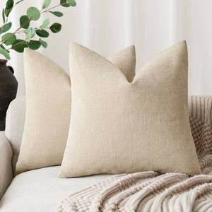 lot 1020 image: Foindtower Pack of 3 Soft Textured Chenille Throw Decorative Pillow Covers Square Accent Solid Cushion Cover Cozy Neutral Farmhouse Pillow Case for Couch Sofa Bedroom Living Room 16x16 Inch, Beige - Retail $17