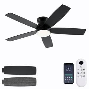 lot 1059 image: NKPU Black Ceiling Fans with Lights, 52Inch Low Profile Ceiling Fan with Light and RemoteApp Control, Flush Mount, Reversible DC Motor, 3CCT Dimmable led, Modern Ceiling Fan for IndoorOutdoor Use - Retail $60
