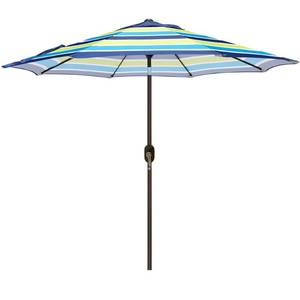 lot 1087 image: Blissun 9 Outdoor Patio Umbrella, Striped Patio Umbrella, Outdoor Table Umbrella, Market Umbrella with 8 Sturdy Ribs, Push Button Tilt and Crank (Blue and Green) - Retail $47