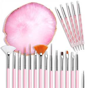 lot 1109 image: 21 Pcs Nail Art Brushes Nail Art Tool Set Resin Palette Nail Art Painting Mixed Color 2 Way Acrylic Silicone Carving Pen Dotting Pen Tool Manicure Kit DIY Makeup Display Board for Home Salon, Pink - Retail $10