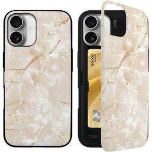 lot 1151 image: Qoosan for iPhone 16 Case with Card Holder Wallet Kickstand Mirror Protective Slim Phone Case for iPhone 16 6.1 inch, Marble Beige - Retail $23