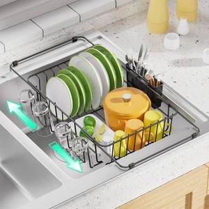 lot 1161 image: Simple Trending Expandable Dish Drying Rack in Sink, Adjustable Dish Drainers for Kitchen Counter, Inside Sink, Over The Sink with Utensil Holder, Black - Retail $24