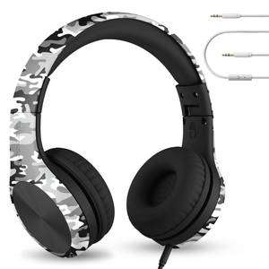 lot 1201 image: Wired Kids Headphones for School with Mic, Volume Limit & Noise Reduction Over-Ear Headset with Cord, SharePort Technology & SoftTouch Padding, Snow Camo - Retail $30