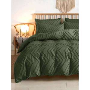 lot 1225 image: Nanko Olive Green Duvet Cover King Size, 3pc Boho Tufted Microfiber Bedding Comforter Cover Set, All Season Aesthetic Shabby Chic Soft Embroidery Textured Geometric Quilt Cover (104x90) - Retail $36