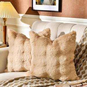 lot 1253 image: AmHoo Pack of 2 Throw Pillow Covers 3D Dense Faux Rabbit Fur Cozy Super Soft Fuzzy Set Case Cushion for Couch Sofa Bedroom 18 x 18-Inch Camel - Retail $20