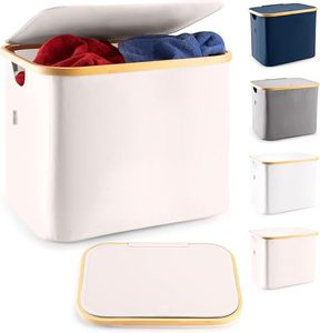 lot 1271 image: LONBET Laundry Basket with Lid, Made from Breathable Fabric  Aesthetic Clothes Hampers for Laundry with Side Handles & Sturdy Bamboo Frame (13 Gallons - Box, Beige) - Retail $12