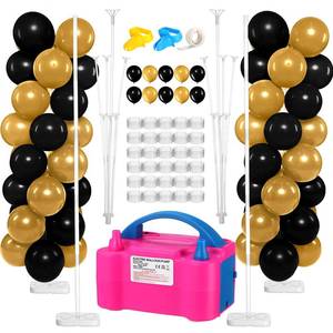 lot 1276 image: Blueweenly 2 Sets Balloon Column Stand Kit and Electric Balloon Pump Adjustable 7.2 ft Balloon Stand for Floor 100 Pcs Balloons for Graduation Baby Shower Birthday Wedding Party Decor Black and Gold - Retail $36