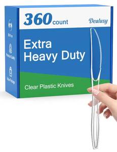 lot 1278 image: Dealusy 360 Count Extra Heavy Duty Clear Plastic Knives Disposable, BPA-Free, Heat Resistant, Solid and Durable Disposable Knives Bulk, Premium Plastic Knives heavy duty for Party Supply - Retail $26