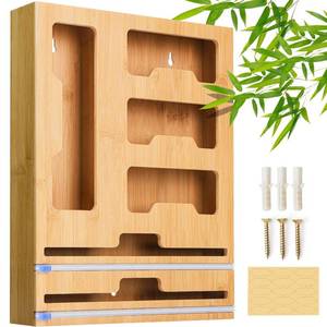 lot 1291 image: Wattne Bag Storage Organizer for Kitchen Drawer & Wrap Dispenser with Cutter, 6 in 1 Bamboo Organizer Compatible with 12 Aluminum Foil Roll, Suitable for Gallon, Quart, Sandwich Bags, Roll etc - Retail $34