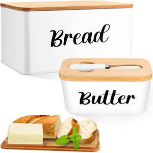 lot 1022 image: Hushee Metal Bread Box and Butter Dish with Bamboo Cutting Board Lid and Knife Bread Storage Container Breadbox for Kitchen Counter Butter Organizer for Kitchen Countertop Decoration(White)