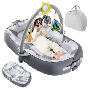 lot 1024 image: Swaathani Portable Baby Lounger For Travel,Breathable & Comfortable 100% Cotton Infant Lounger, Baby Nest 0-24 months Machine-Washable Newborn Lounger Newborn Essentials (Gray, Baby Lounger With Toys)