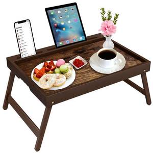 lot 1028 image: Bamboo Breakfast Tray with Foldable Legs & Detachable Stand  Ergonomic Handle  Portable Bed Tray for Eating, Working, Laptop, Tablet, and Phone��Vintage Walnut��