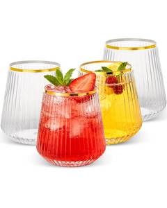 lot 1959 image: Goodluck 36 Pack 12oz Stemless Plastic Wine Glasses �� Clear Ribbed Cups with Gold Rim, Fancy Reusable Disposable Drinkware for Weddings, Parties, Bars, Indoor and Outdoor Events