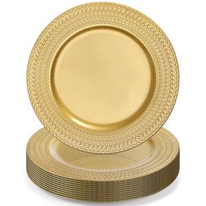 lot 1961 image: SOUJOY 12 Pack Plastic Gold Charger Plates, 13 Inch Dinner Plate, Leaf Trim Antique Charger Plate for Weddings, Parties, Anniversary, Thanksgiving, Christmas