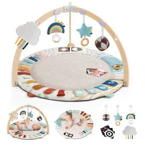 lot 1964 image: Blissful Diary Baby Play Gym & Activity Mat, 5 Developmental Zones Wooden Tummy Time Mat with 5 Detachable Sensory Toys for Motor Skills & Sensory Development, Baby Essentials Shower Gift