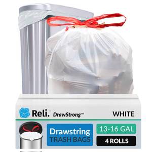 lot 1968 image: Reli. Tall Kitchen Drawstring Trash Bags 13 Gallon  500 Count Bulk  Kitchen Garbage Bags  White  13 Gallon - 16 Gal Capacity
